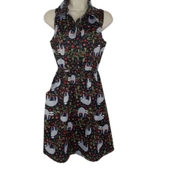 La Vie Lente Womens A Line Mini Dress Black Floral Hanging Sloth Print S - Picture 4 of 4